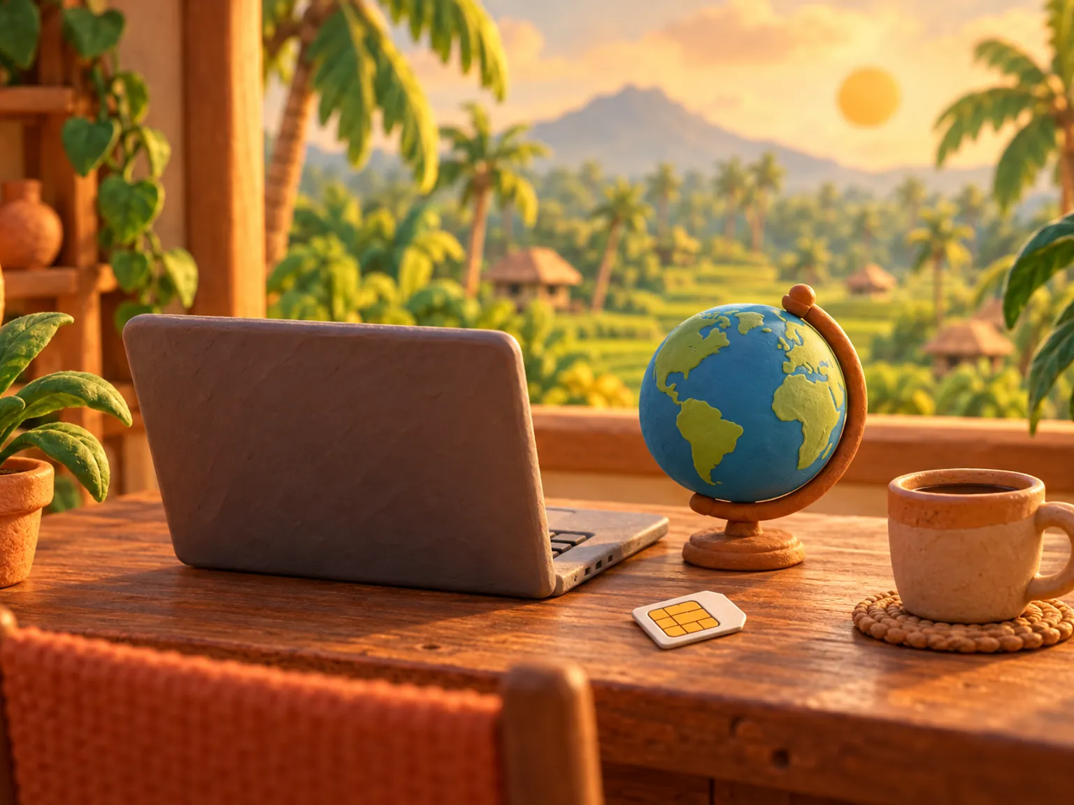 Illustration: a small travel studio desk with a laptop, a plain globe, a SIM card and a cup of coffee.