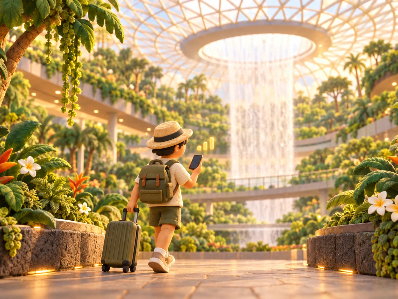 Illustration: a traveller with a suitcase walks a garden walkway inside the airport, an indoor waterfall and terraced ferns behind.