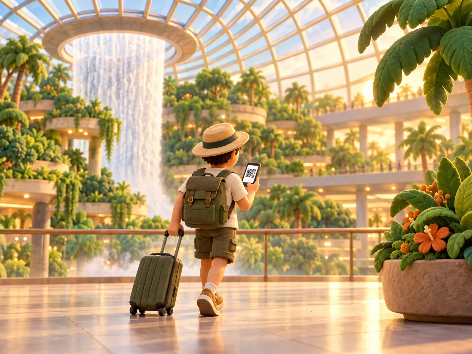 Illustration: a traveller with a suitcase walks through a Changi terminal hall under a glass dome, phone in hand.