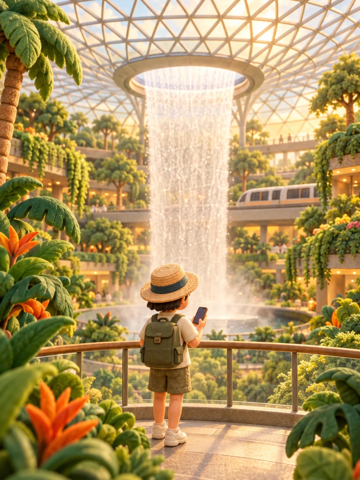 Illustration of Changi’s glass dome and indoor waterfall, a traveller on a garden walkway.