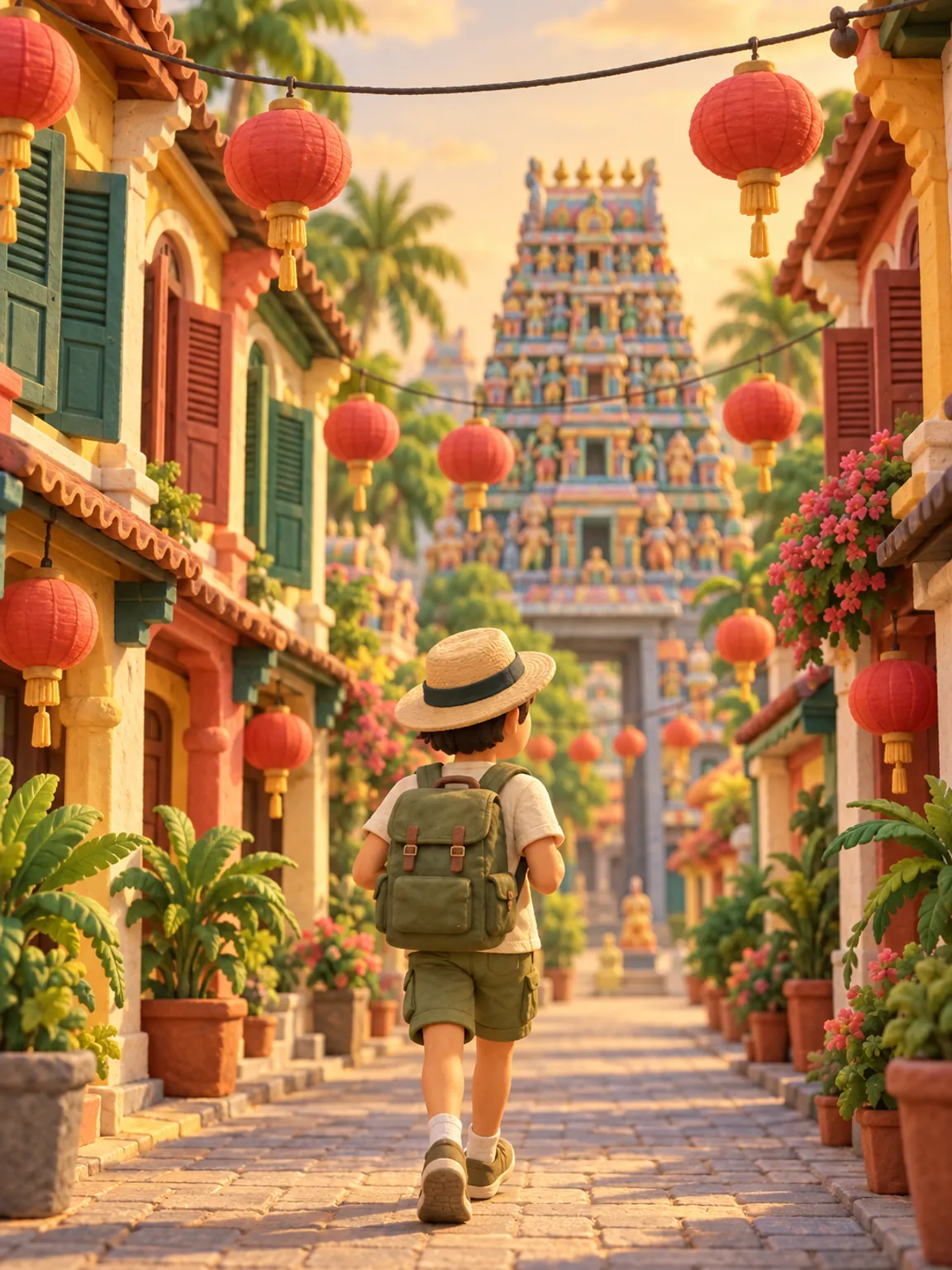 Illustration of a street of red lanterns and shophouses below a temple gateway tower.