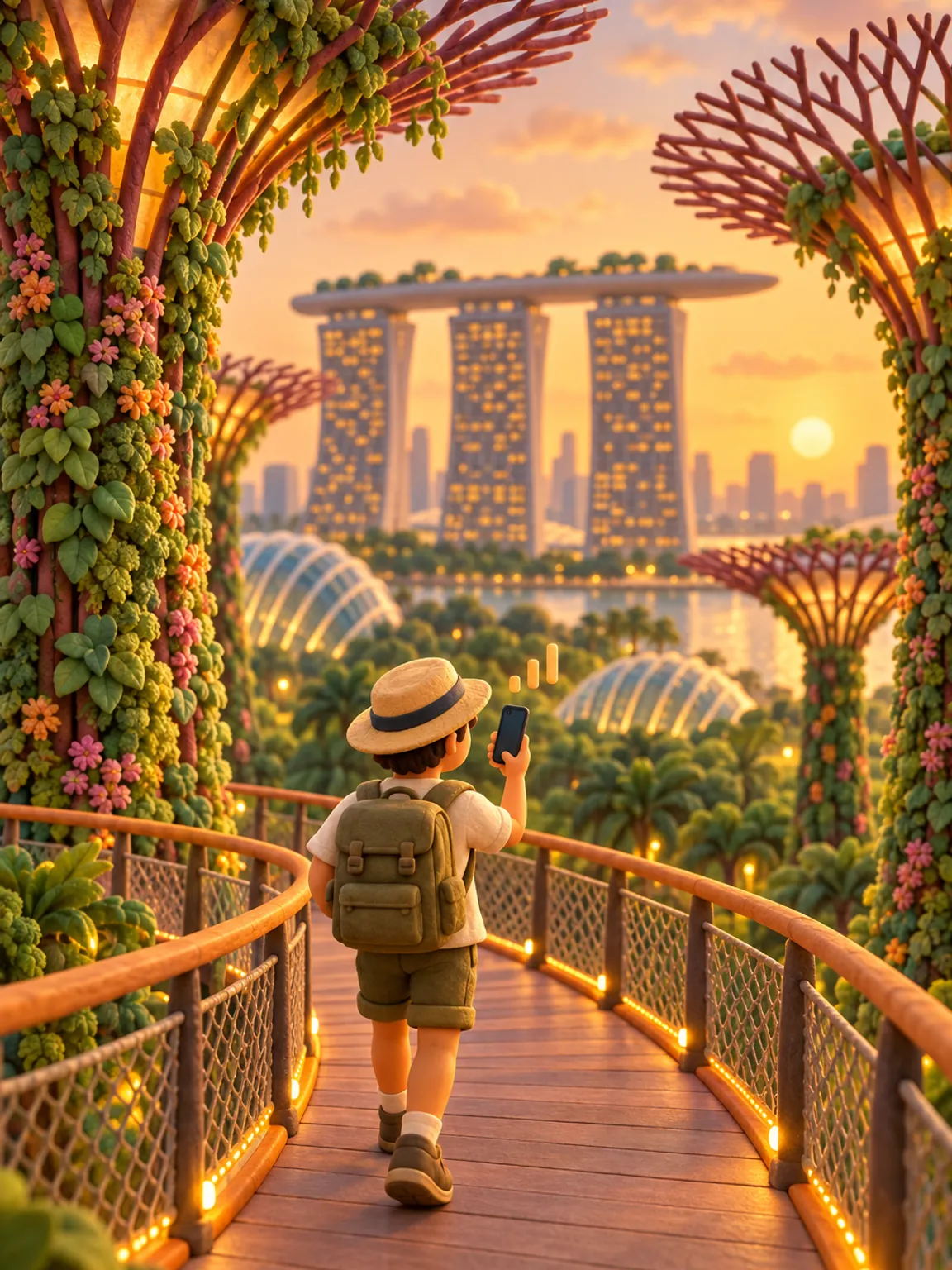 Illustration of the glowing tree-like garden towers, a traveller on the walkway between them.