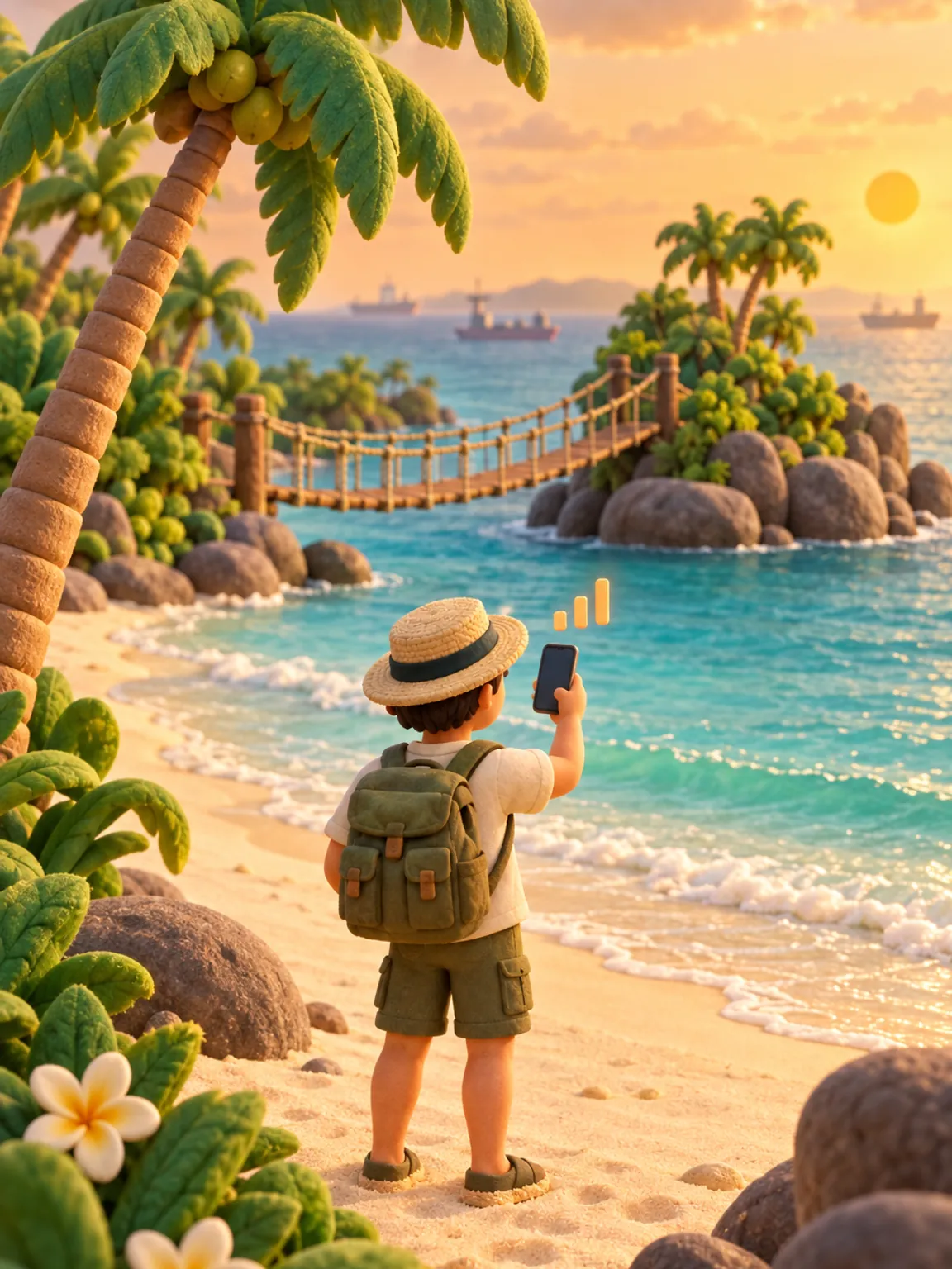 Illustration of a Sentosa beach with palms, a small suspension bridge and ships beyond.