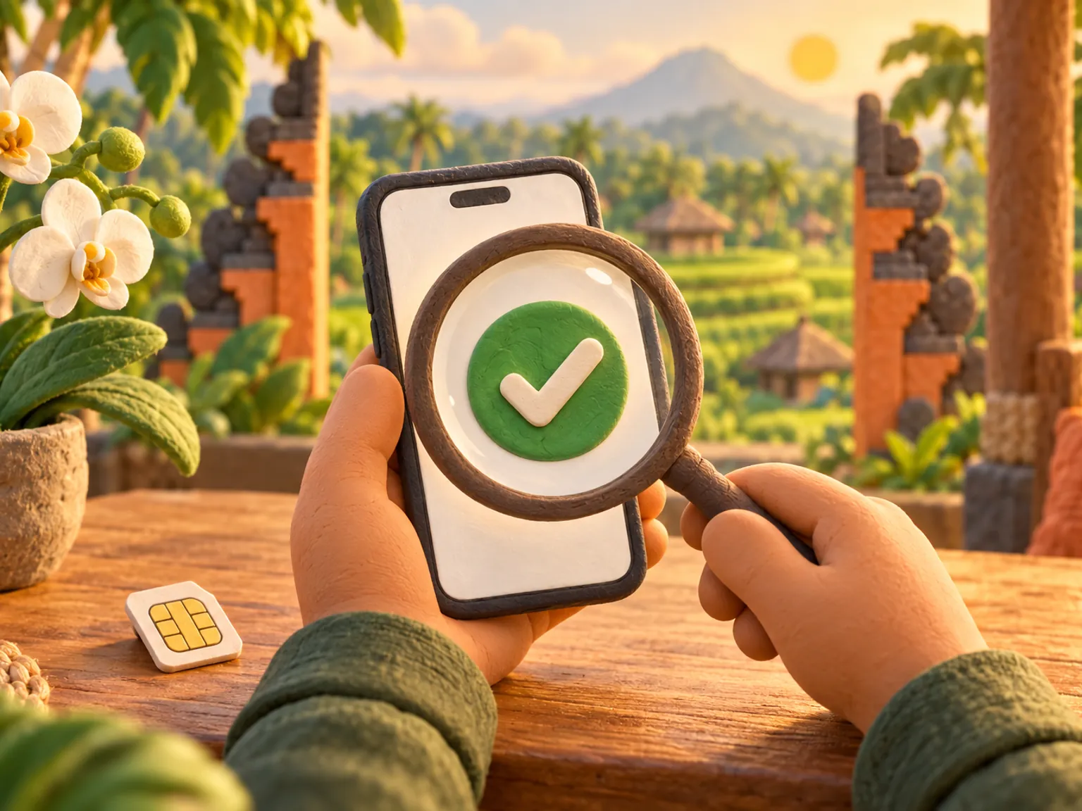 Illustration: hands hold a phone under a magnifying glass, a green tick on the screen, a small SIM card on a wooden table.