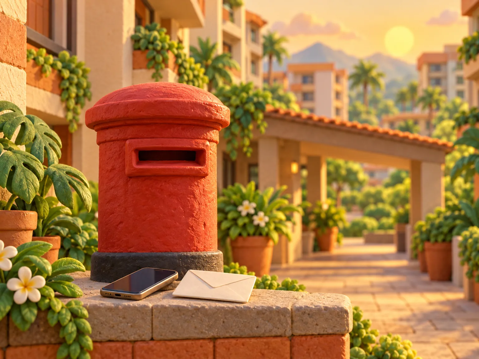 Illustration: a red letterbox at the foot of an apartment block, a phone and an envelope on a ledge beside it.