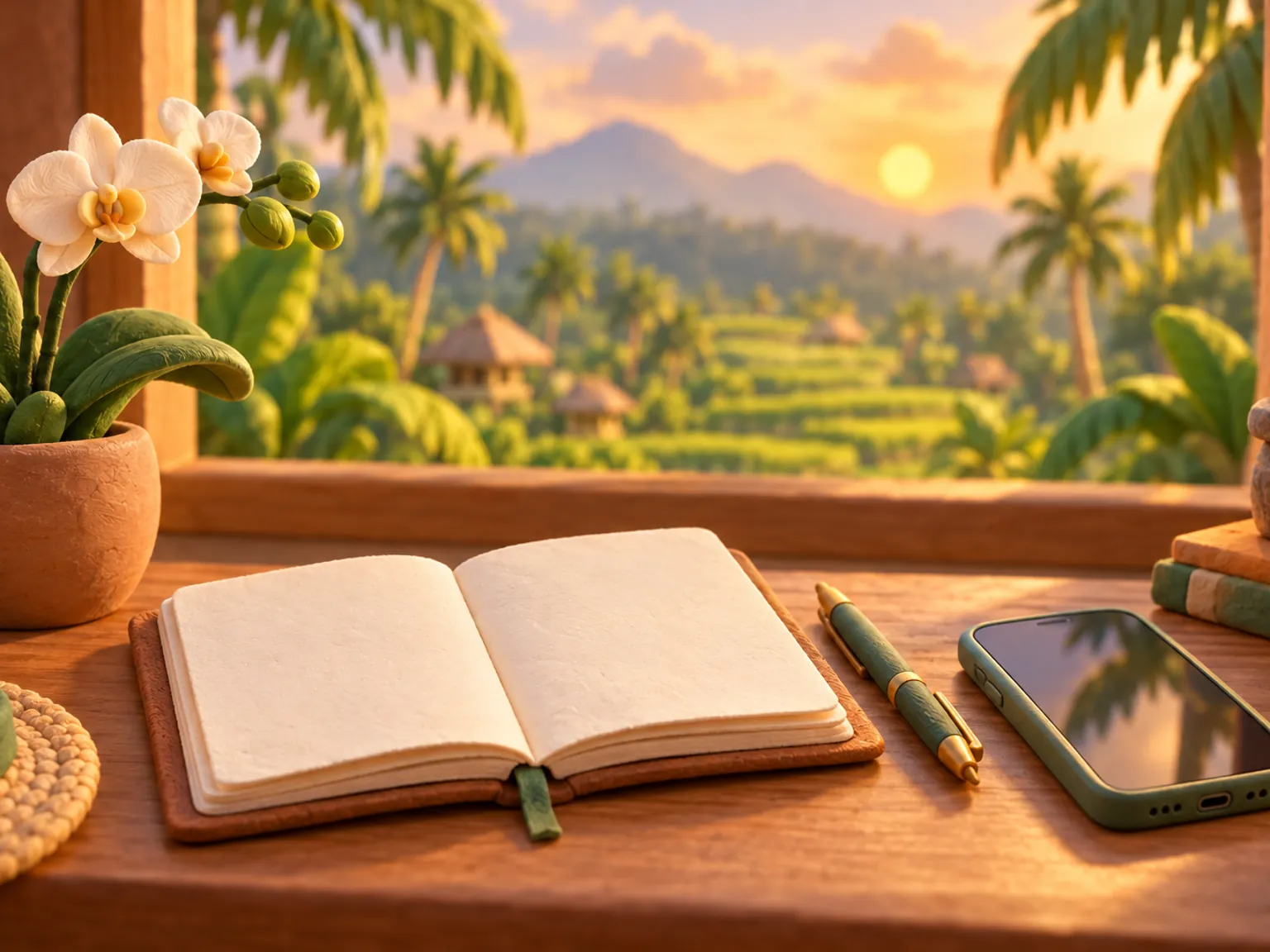 Illustration: a notebook with blank pages, a pen and a phone on a desk beside a small potted orchid.