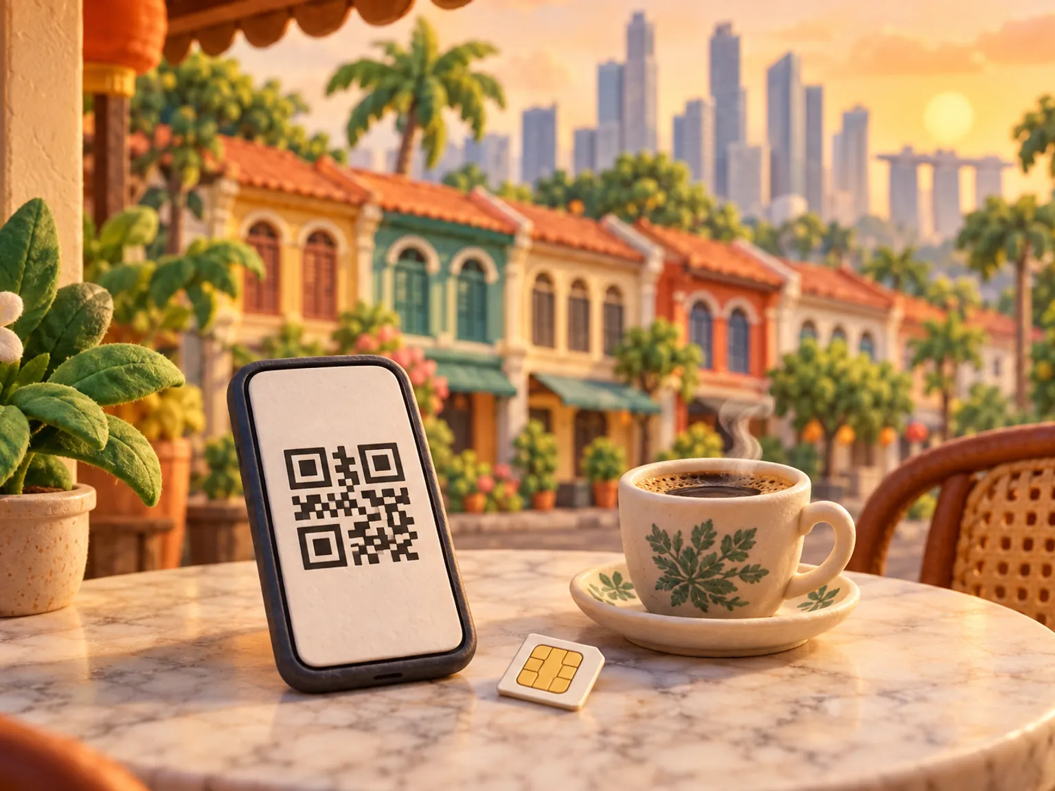 Illustration: a phone showing a QR code beside a plastic SIM card on a marble kopitiam table.