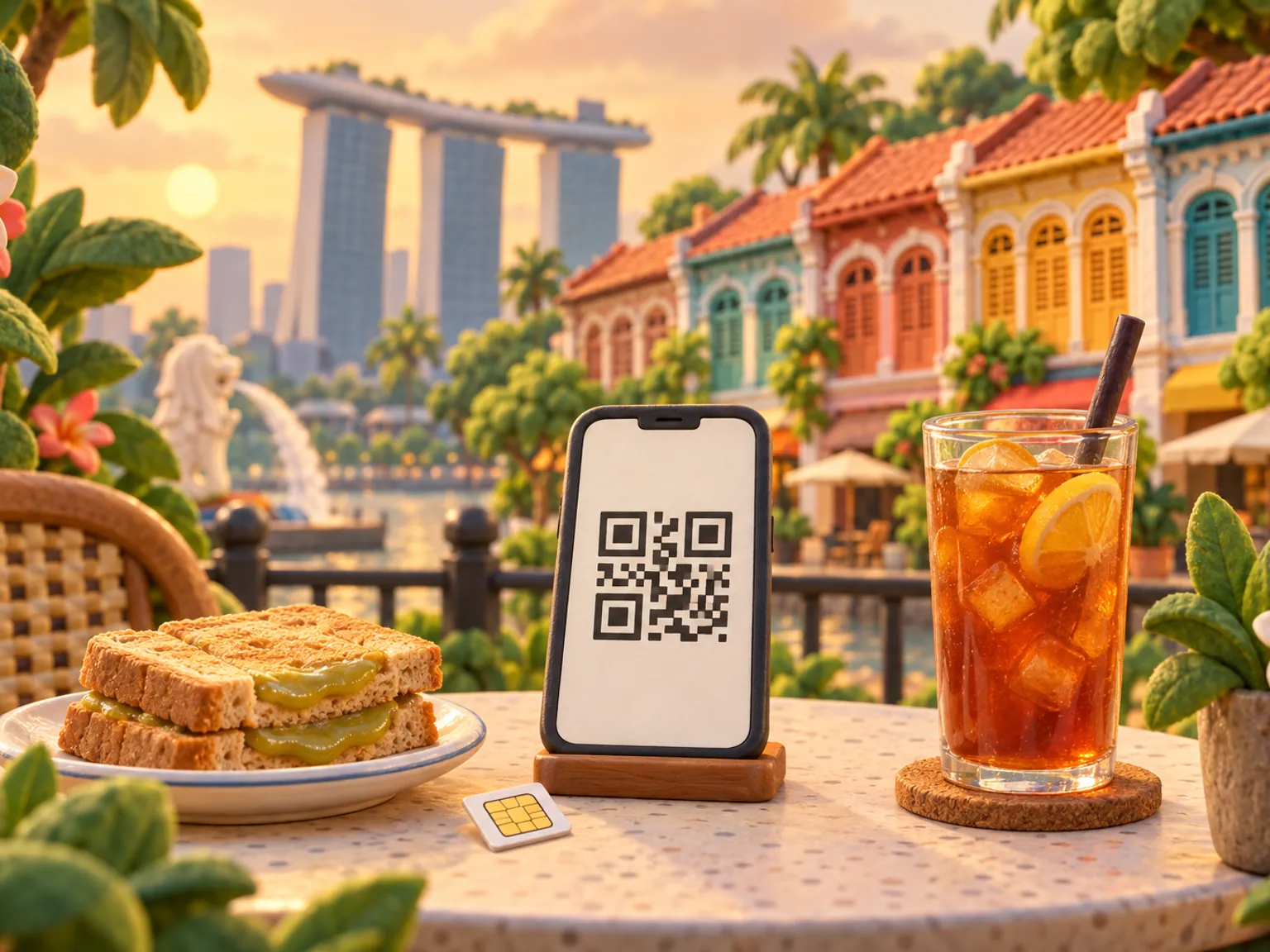 Illustration: a phone showing a QR code on a café table in Singapore, beside a small SIM card and a glass of iced tea.