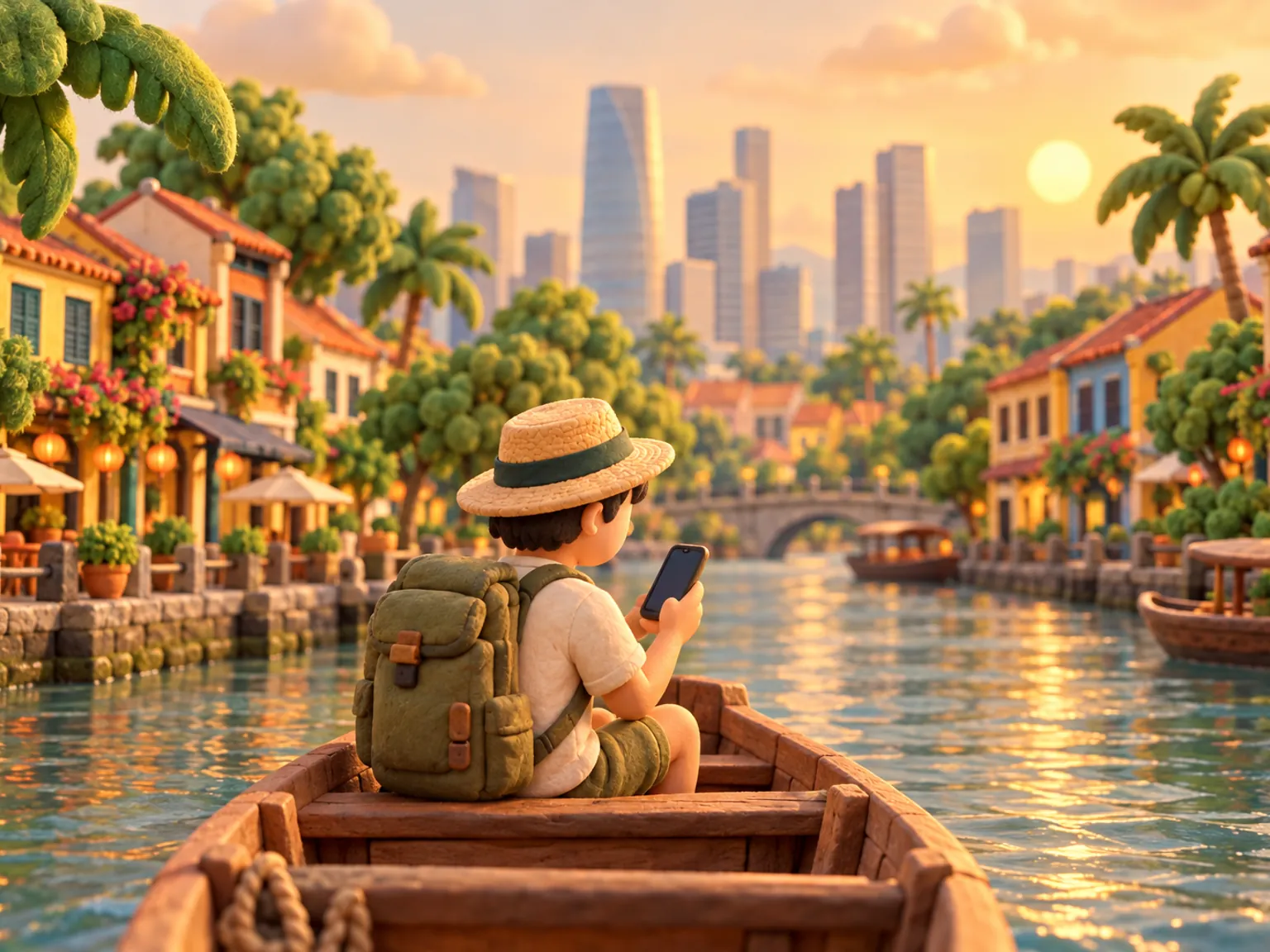 Illustration: a traveller reads a phone in a small wooden river boat on a calm city river, shophouses along the quay.