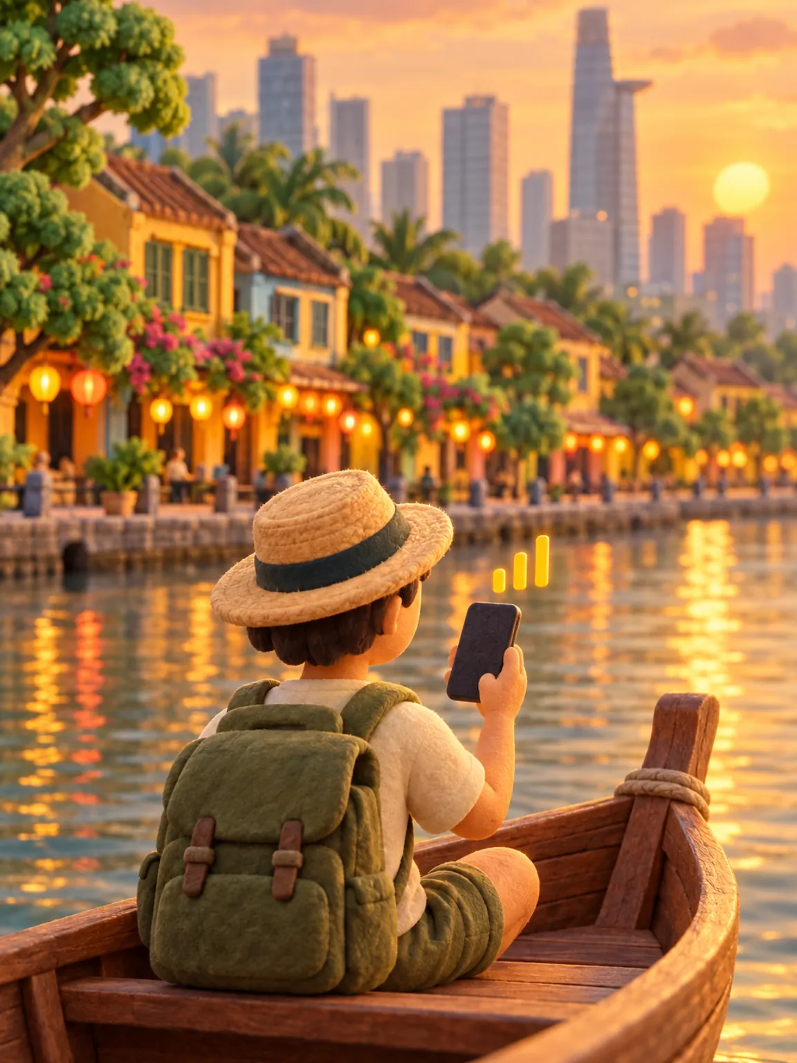 Illustration: a traveller in a wooden river boat on a calm city river holds up a phone.