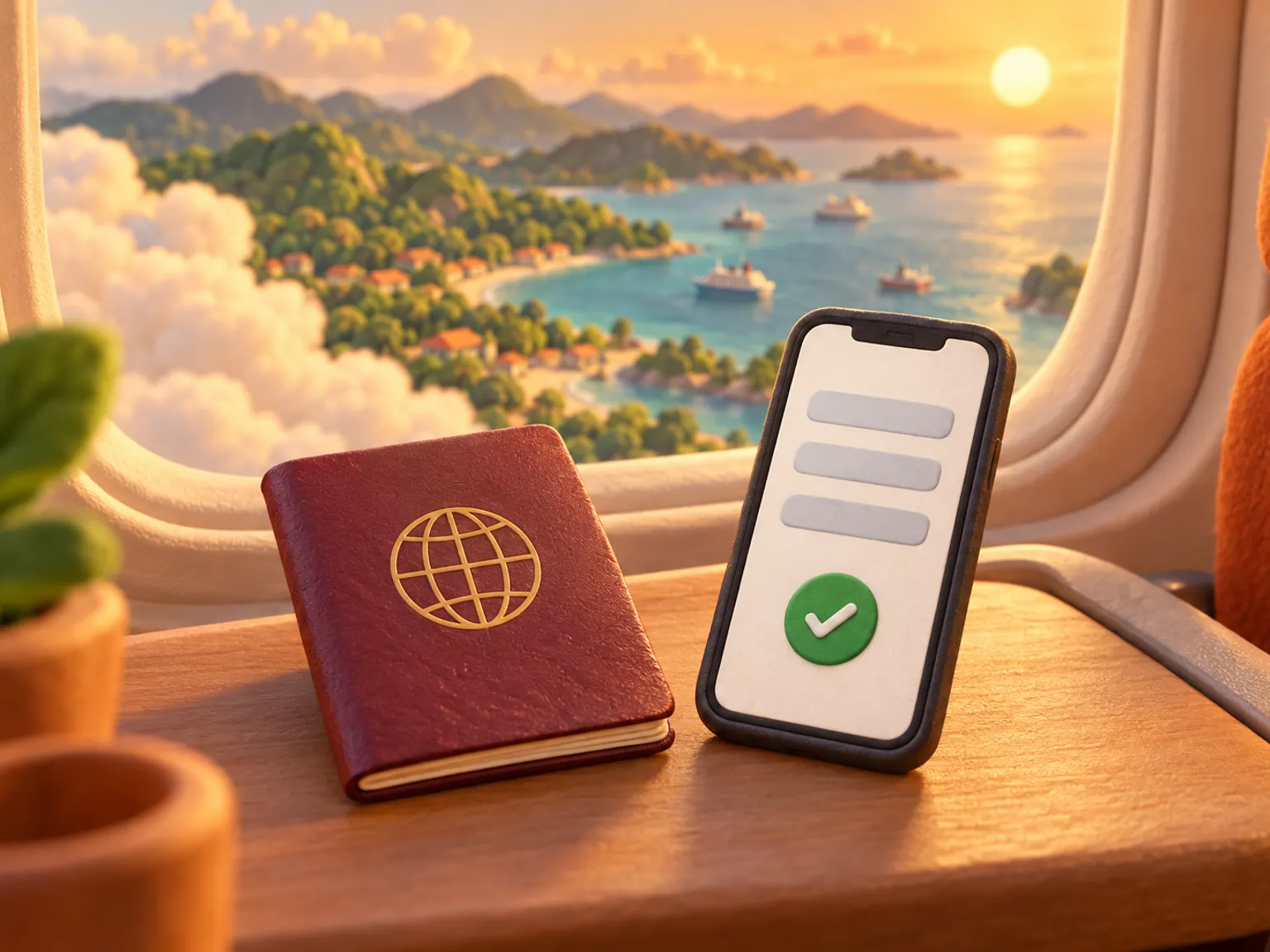 Illustration: a passport and a phone showing a plain form with a green tick, on a table by an aircraft window, clouds and a coastline below.