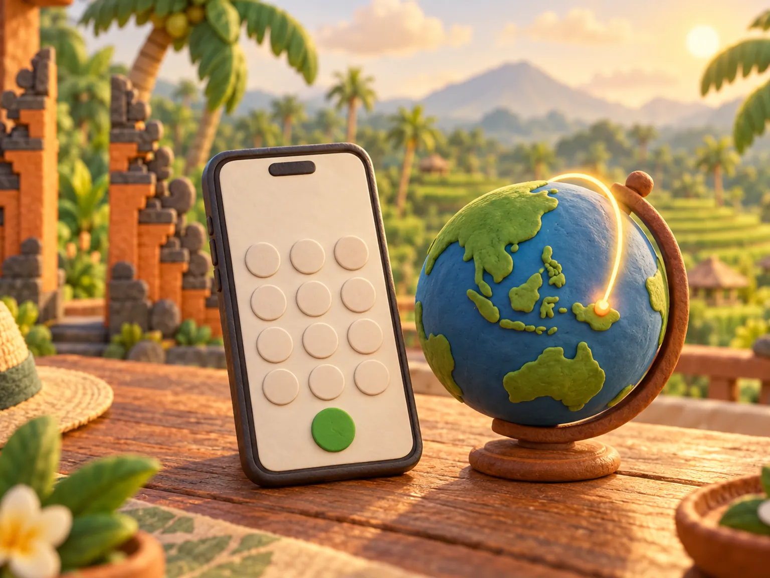 Illustration: a phone keypad on a table beside a small globe, a glowing arc rising from a tiny island city.