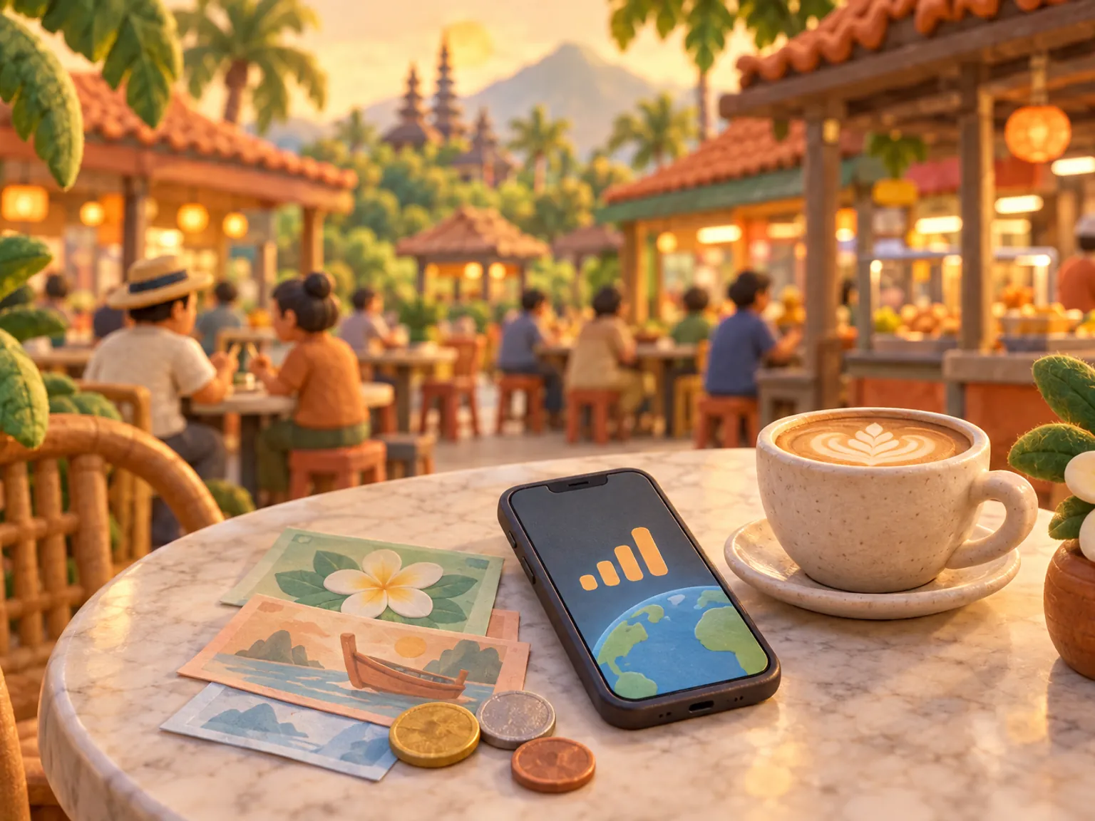 Illustration: soft-coloured banknotes and three plain coins beside a cup of coffee on a marble table, a hawker centre in warm light behind.