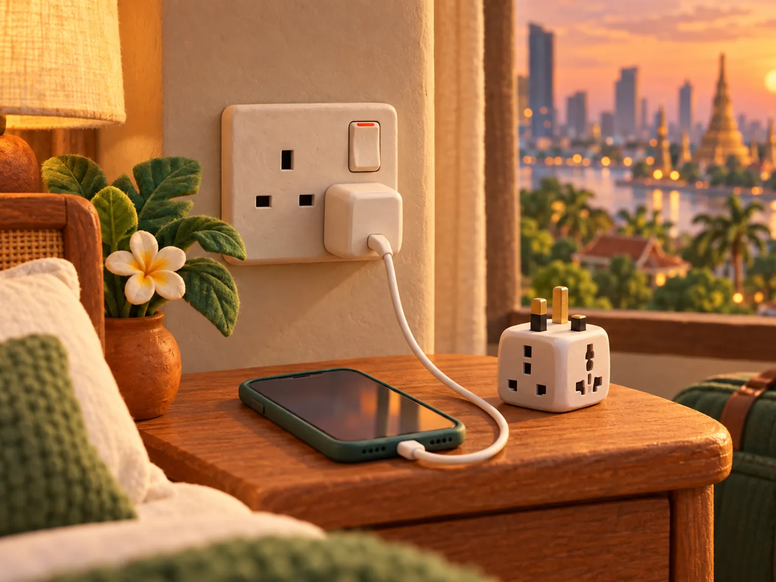 Illustration: a wall socket with three rectangular slots, a phone charging from a plain plug, a travel adapter on a bedside table.