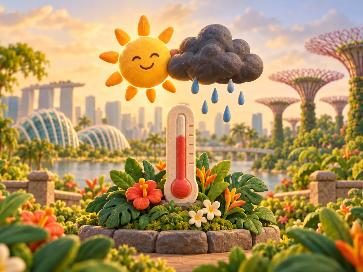 Illustration: a bright sun and a dark rain cloud side by side over a garden city skyline, a thermometer planted in a flower bed below.