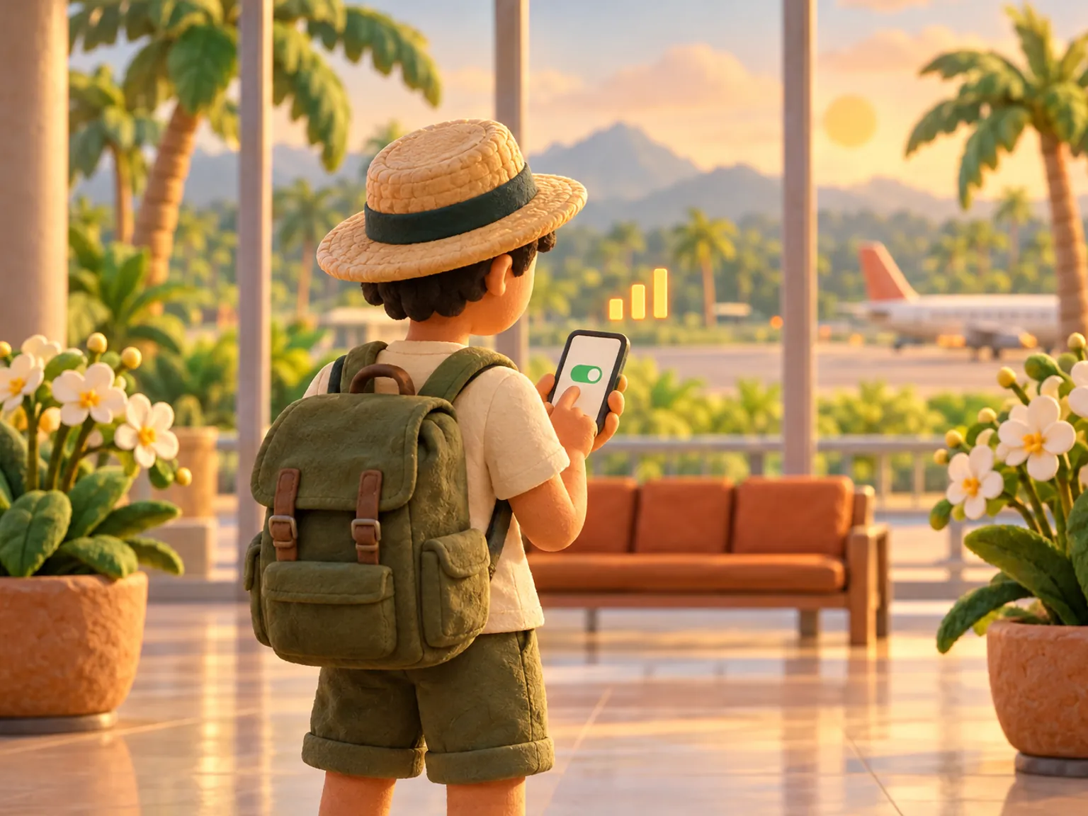 Illustration: a traveller in an arrivals hall switches a toggle on a phone, glass walls and palms behind.