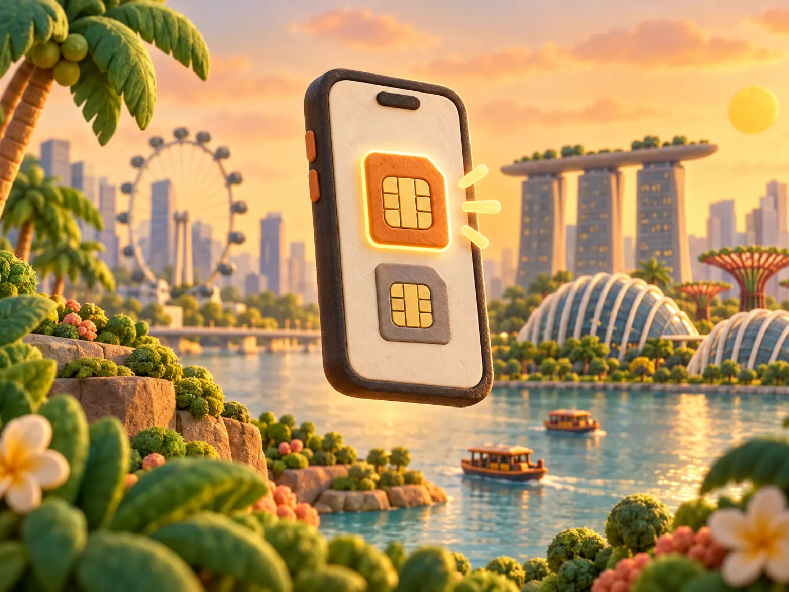 Illustration: a phone with two SIM lines on screen, one glowing, above a calm bay with a city skyline and garden domes.