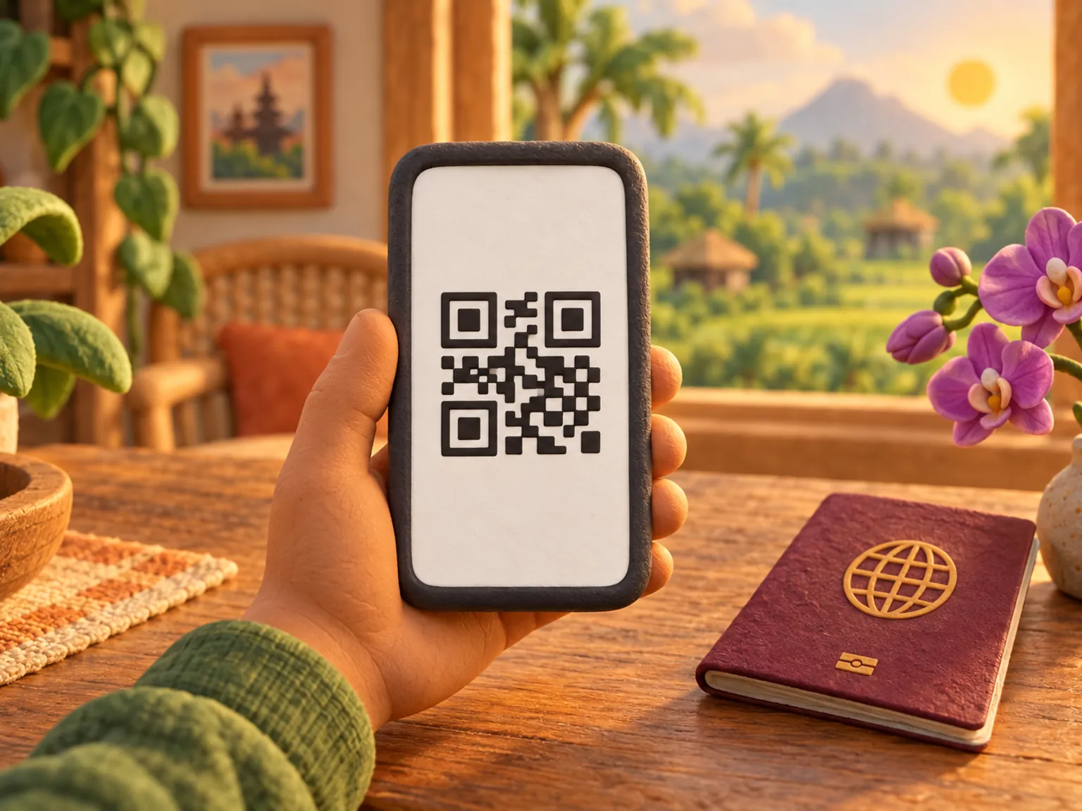 Illustration: a hand holds a phone showing a QR code over a wooden table at home, a passport and a sprig of purple orchids beside it.