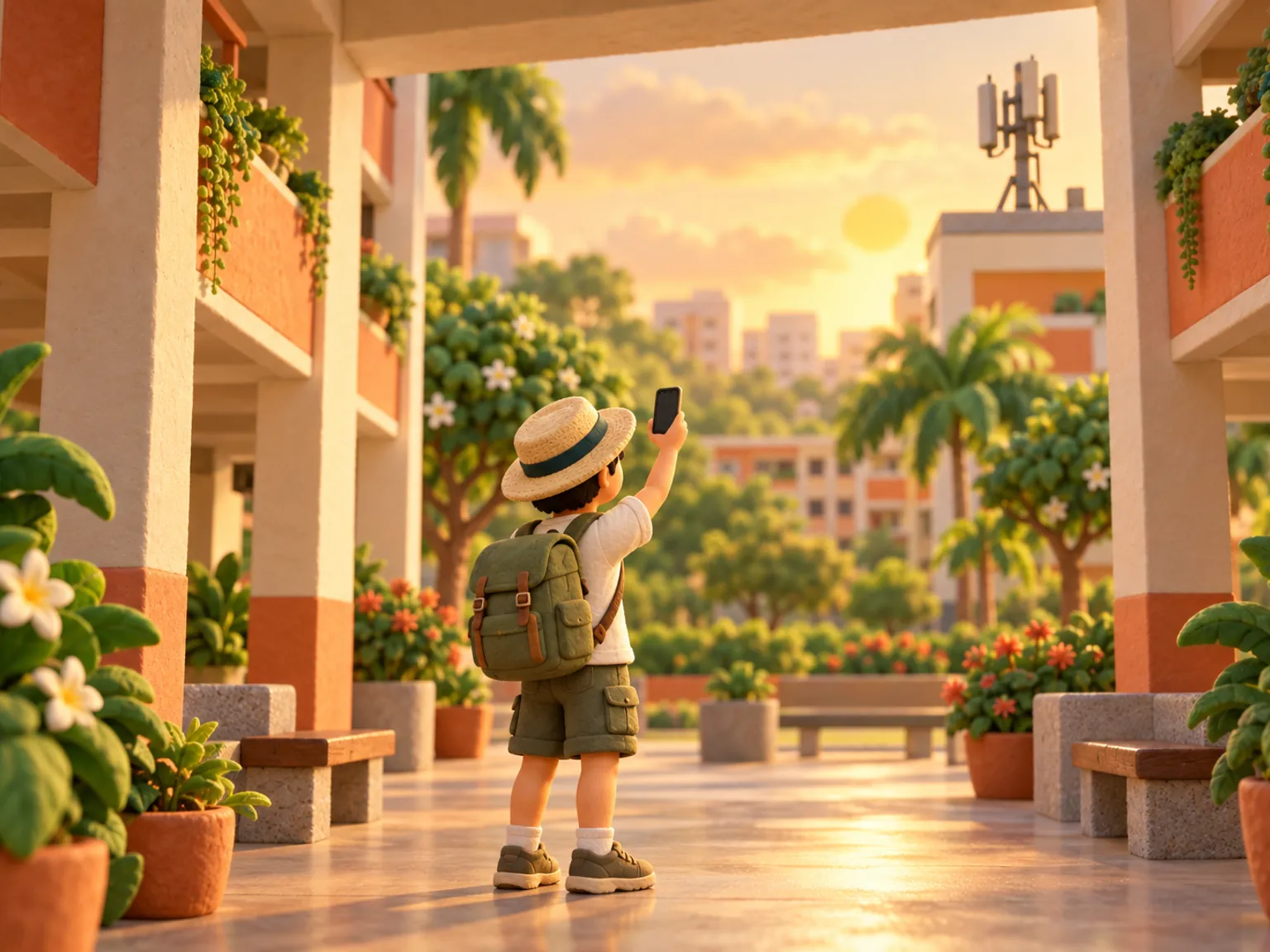 Illustration: a traveller under a covered walkway between apartment blocks holds a phone up toward a signal mast on the roof.