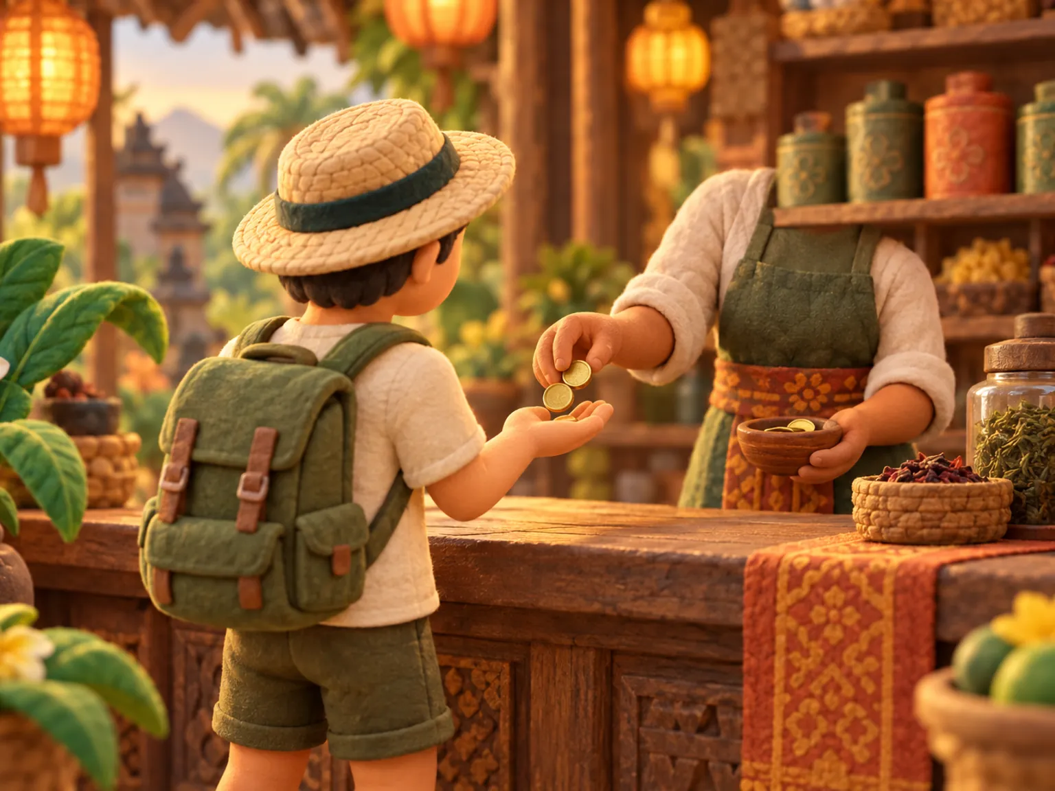 Illustration: a shopkeeper hands coins across a wooden counter to a traveller, shelves of tea tins behind.