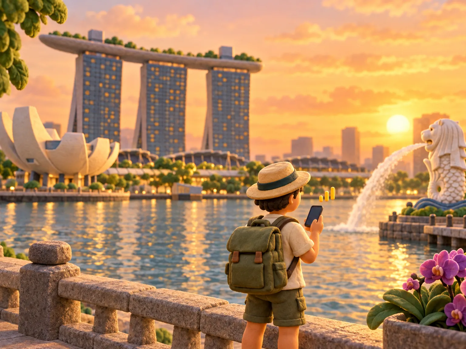 Illustration: a traveller on the Marina Bay waterfront checks a phone, the Merlion fountain spouting behind.