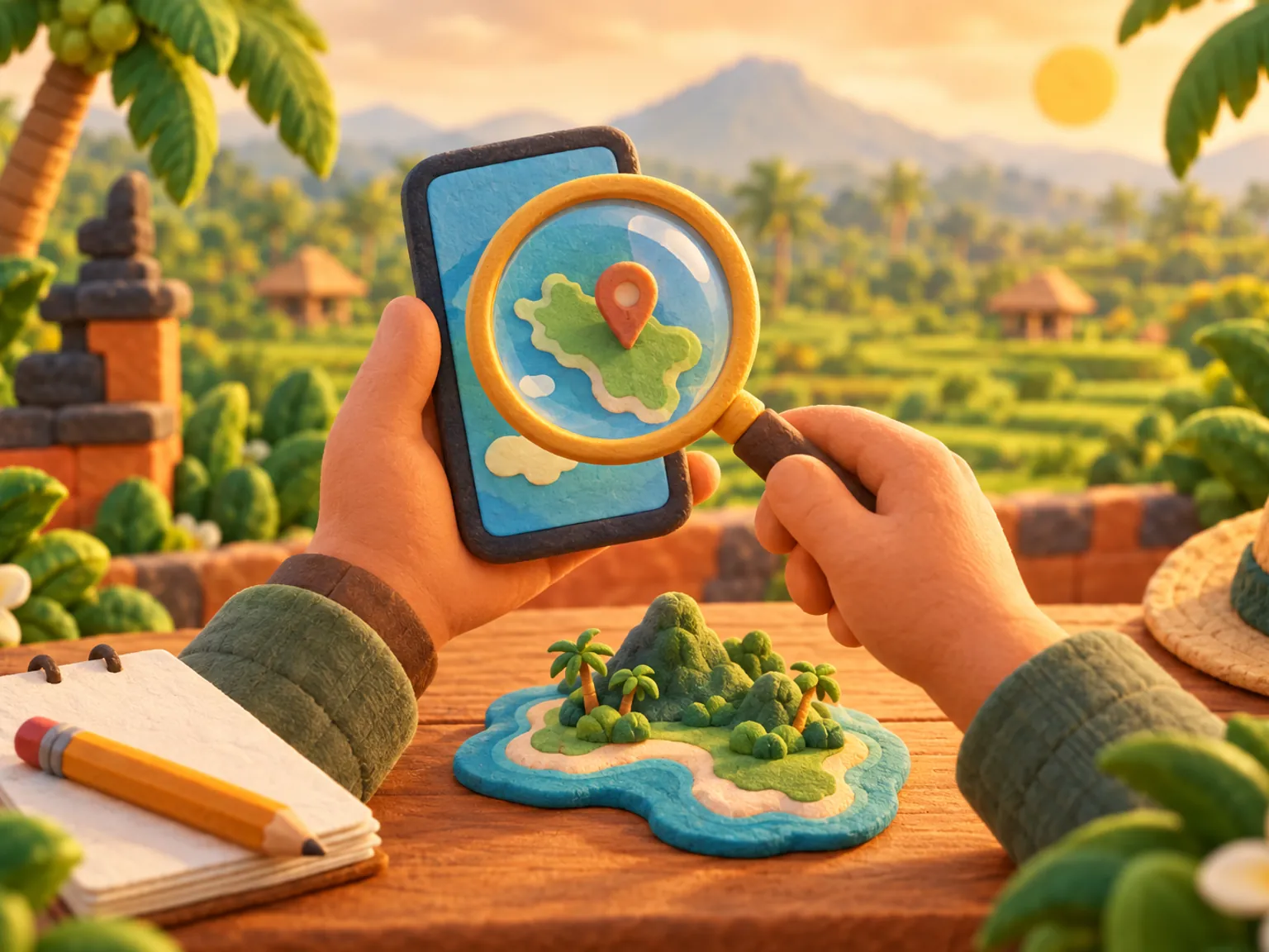 Illustration: hands hold a phone under a magnifying glass beside a small plain island shape cut from clay.