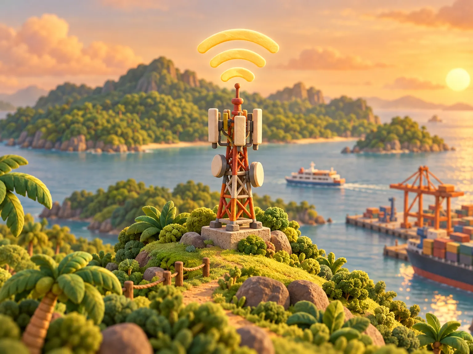 Illustration: a signal mast on a green hill above a harbour with cranes and container ships, arcs of signal above it, an island with forest behind.