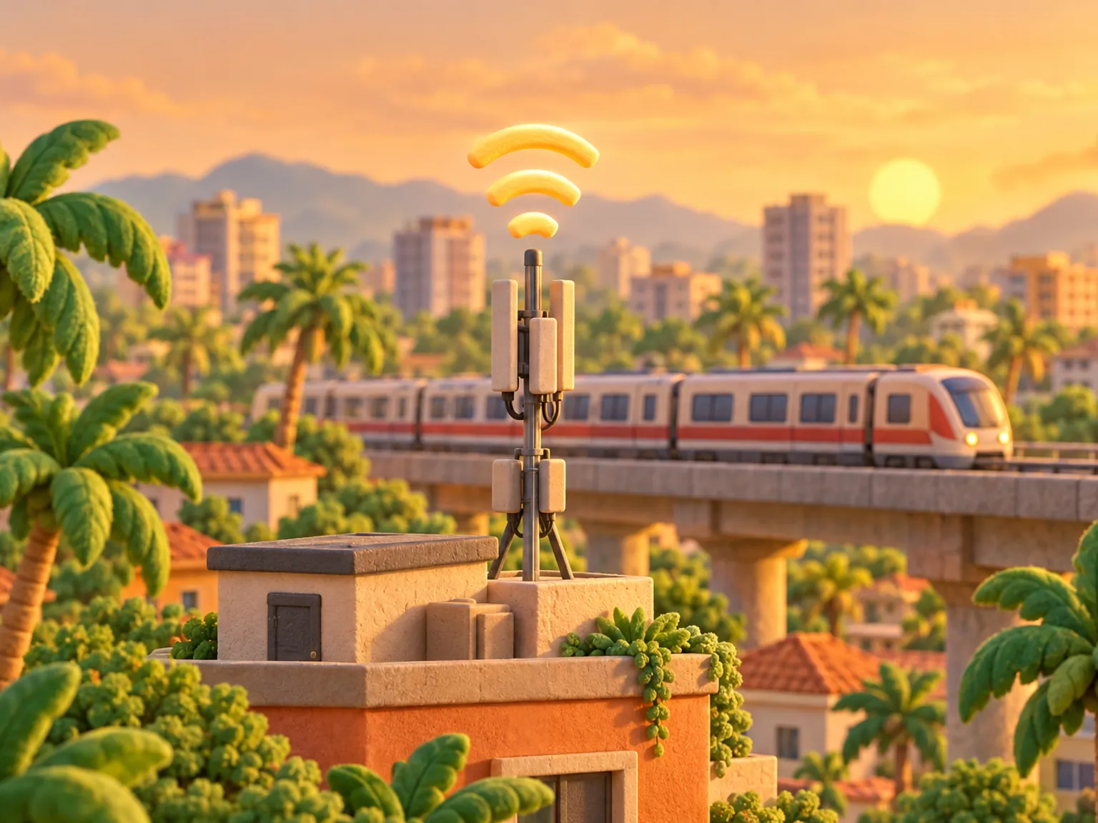 Illustration: a slim signal mast on the roof of a low building beside an elevated train viaduct, arcs of signal above it, a train passing and palm trees below.