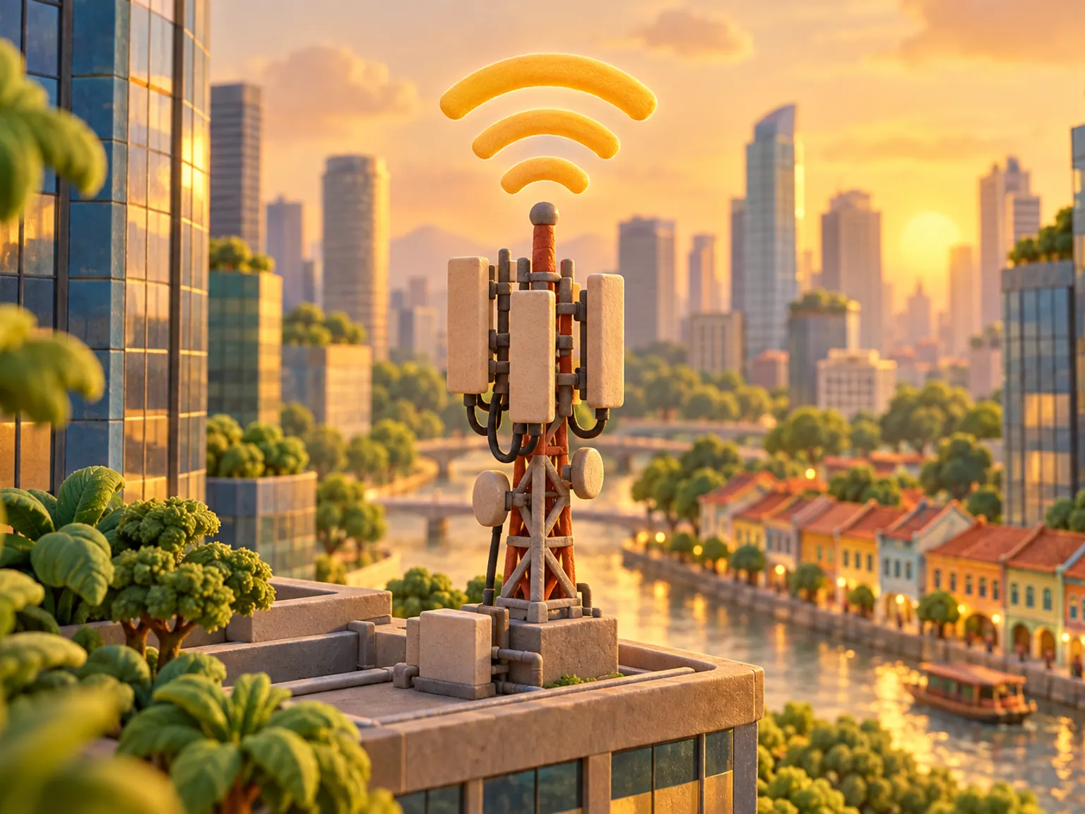 Illustration: a signal mast on a rooftop among glass office towers by a river at golden hour, arcs of signal above it, with colourful low shophouses along the quay below.