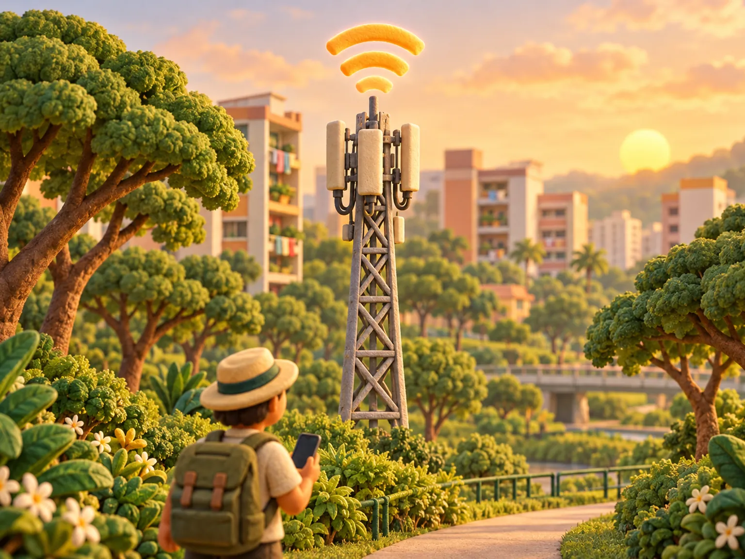 Illustration: a steel lattice signal mast among rain trees beside a quiet park path, arcs of signal above it, apartment blocks with balconies behind.