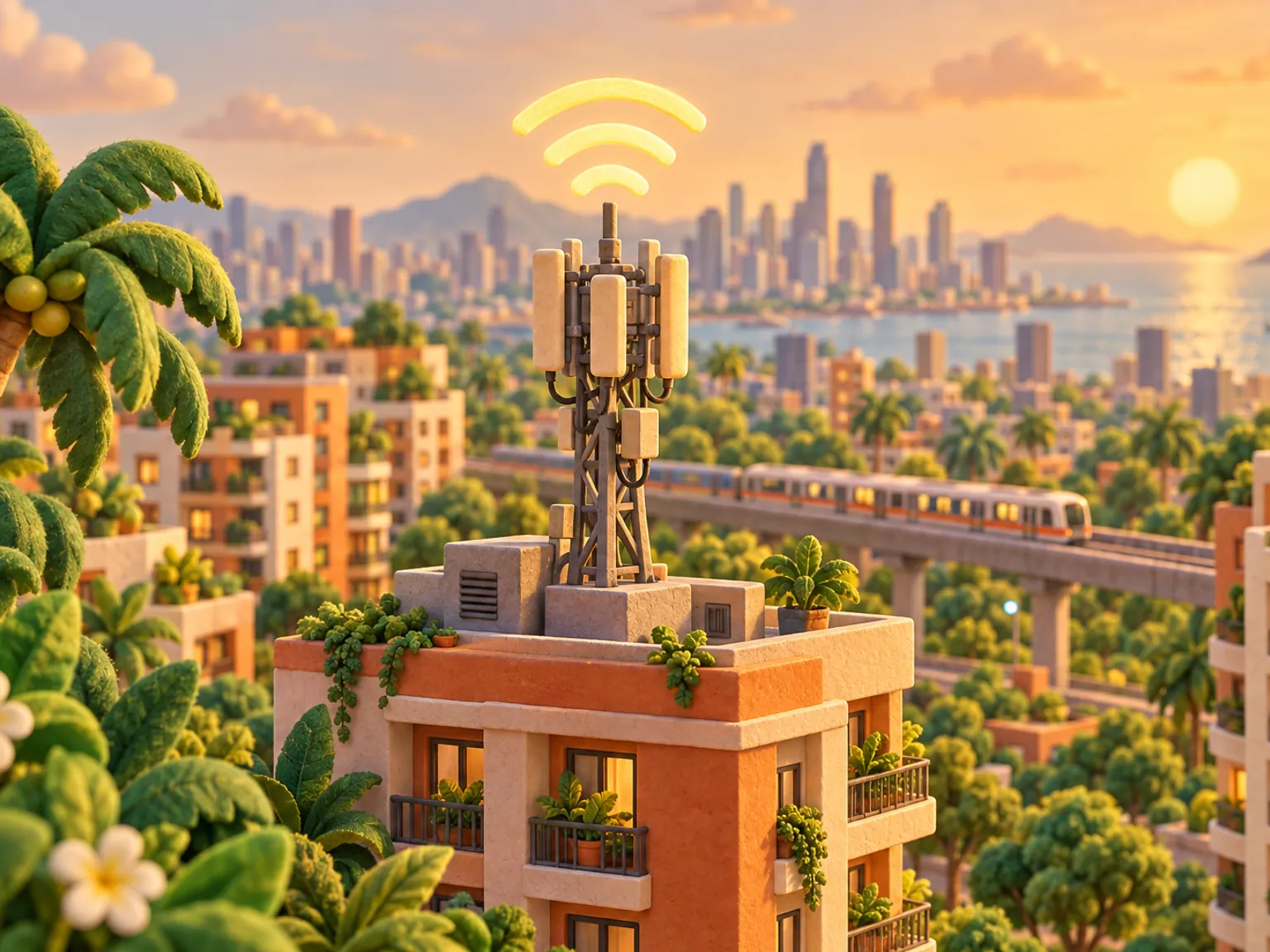 Illustration: a signal mast on the roof of a tall apartment block above a neighbourhood of green parks and an elevated train line, the city skyline by the sea behind.