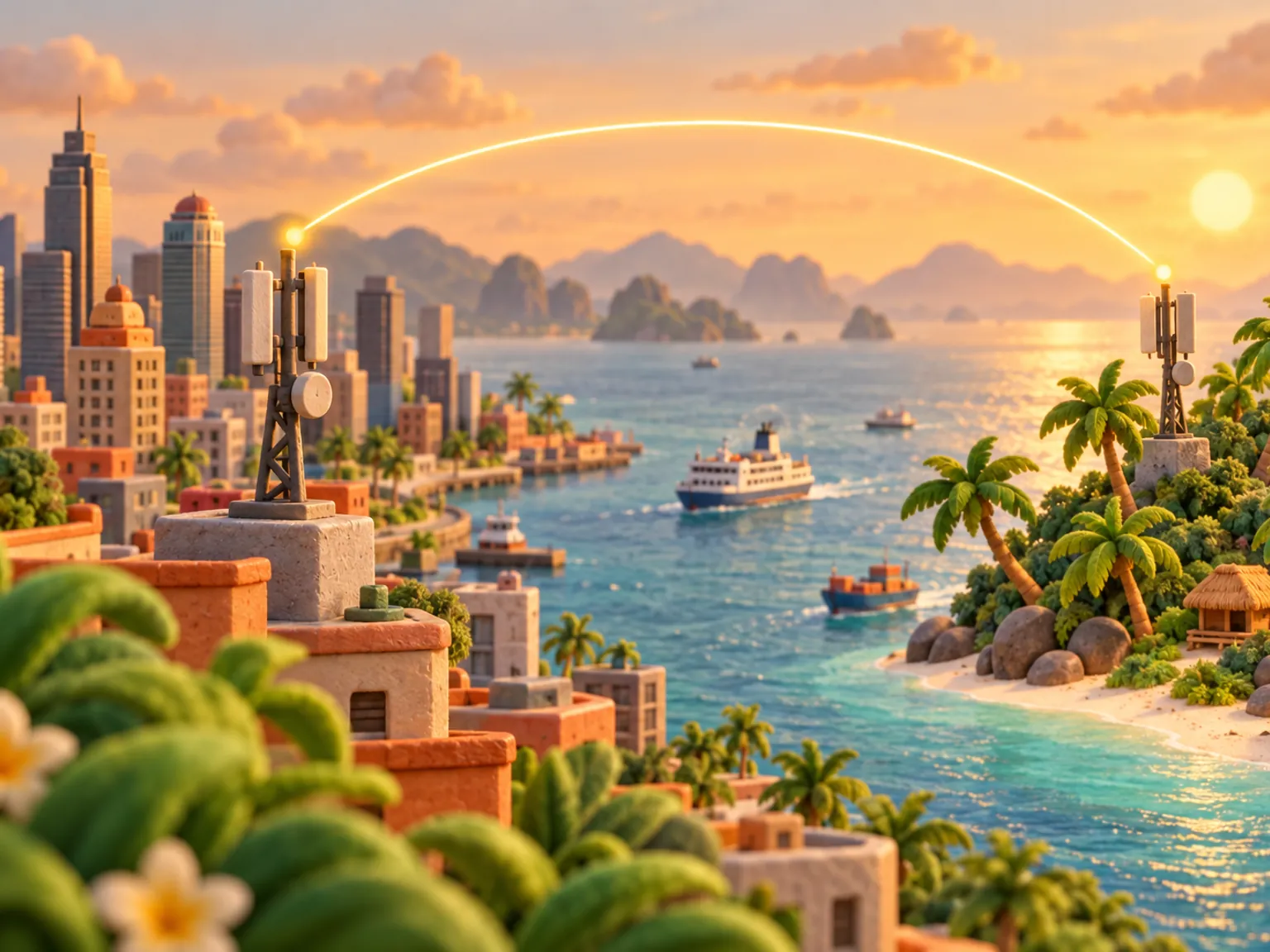 Illustration: two signal masts, one over the city skyline and one over an island beach.