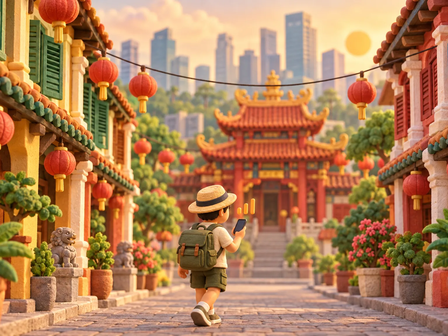 Illustration: a traveller walks a street of shophouses with wooden shutters and red lanterns overhead, a tiered Chinese temple behind.