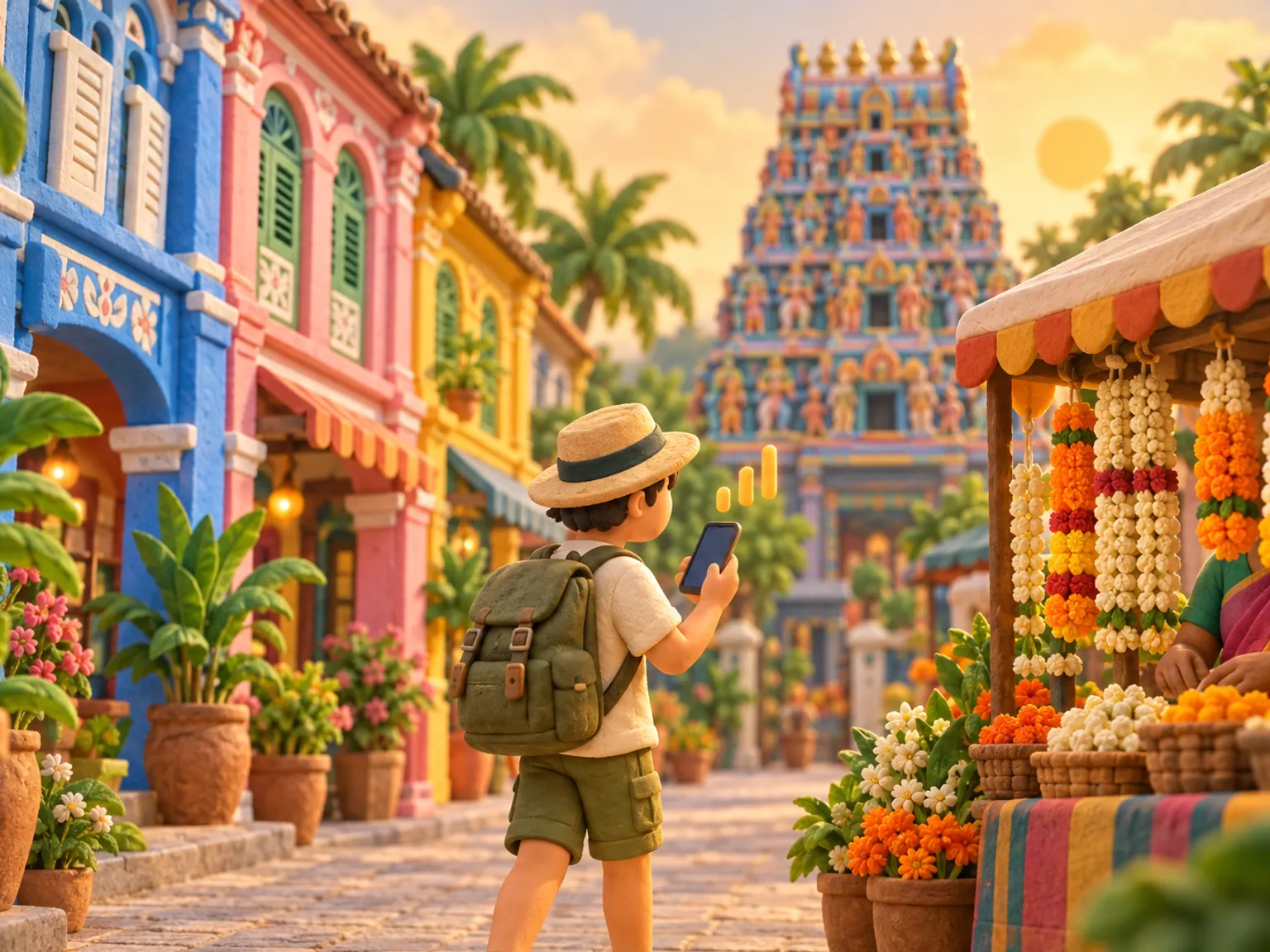 Illustration: a traveller walks past brightly painted shophouses, a stall hung with jasmine garlands behind, a temple gateway tower above.