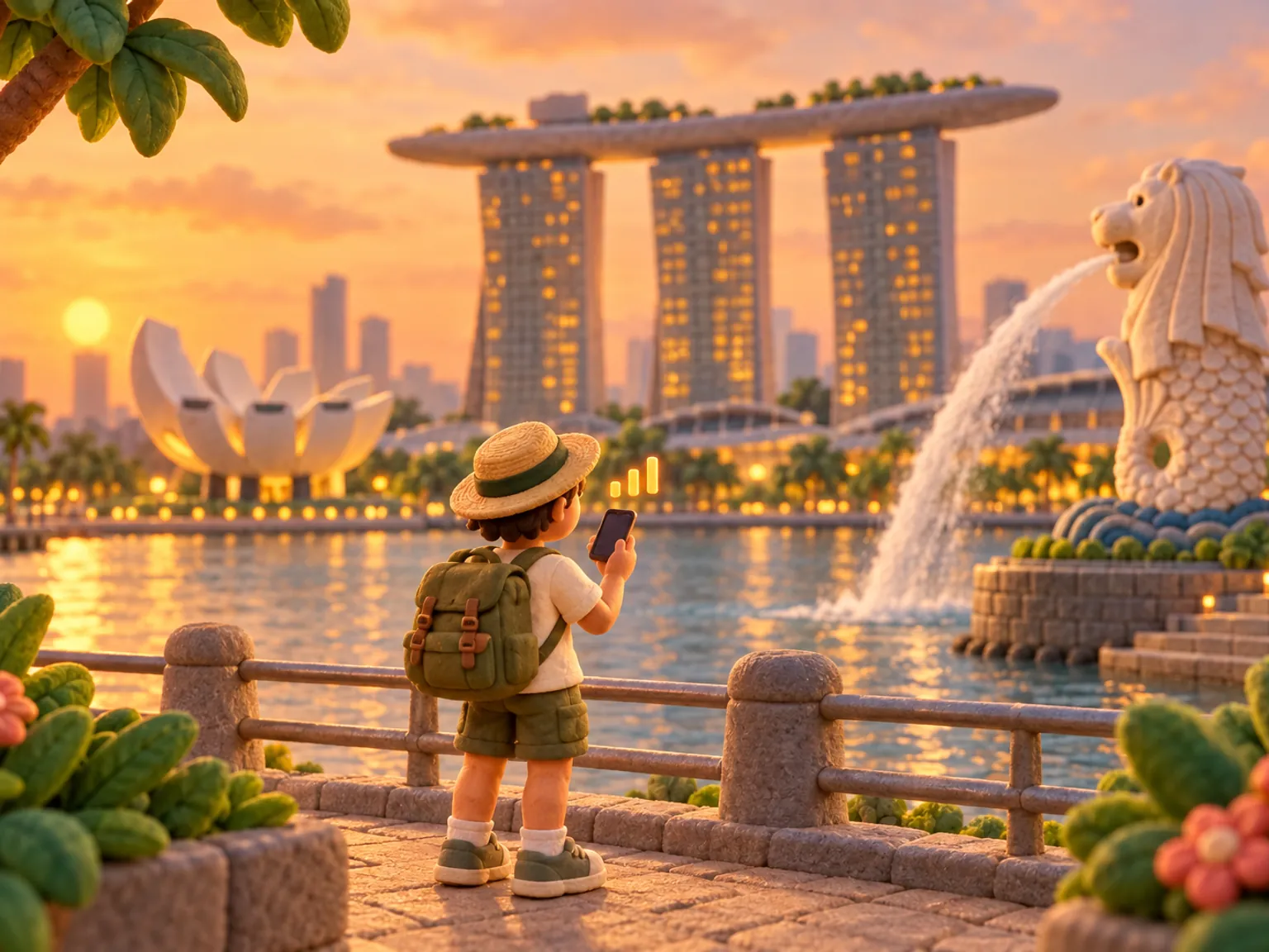 Illustration: a traveller on the waterfront promenade at dusk, the bay and a lion-headed fountain statue behind, hotel towers and a lotus-shaped building on the skyline.