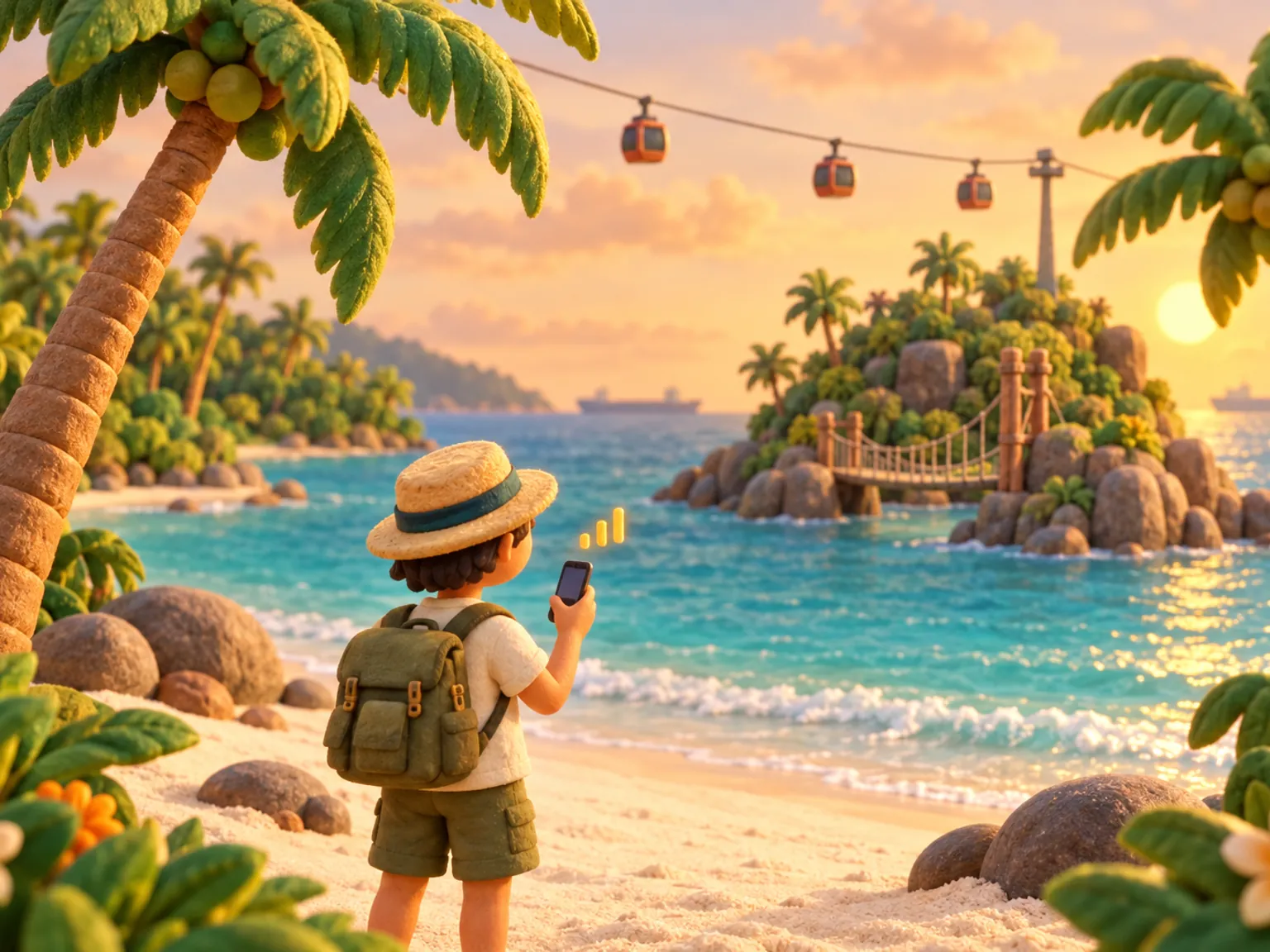 Illustration: a traveller on a white sand beach with coconut palms, calm turquoise water and a small suspension bridge to a rocky islet behind.