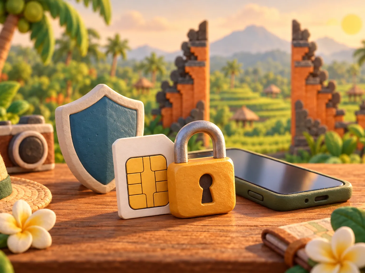 Illustration: a padlock resting on a SIM card beside a phone, a plain shield on the table behind.