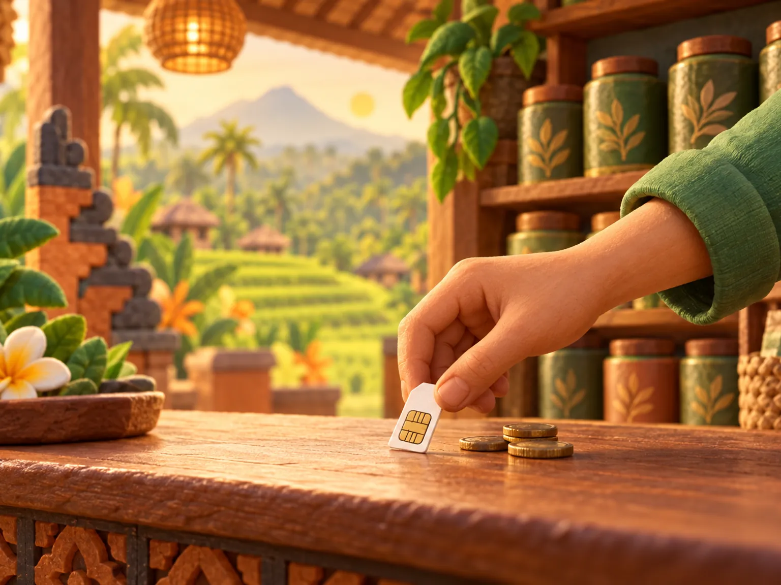 Illustration: a hand returns a SIM card across a shop counter, coins beside it, shelves of tea tins behind.