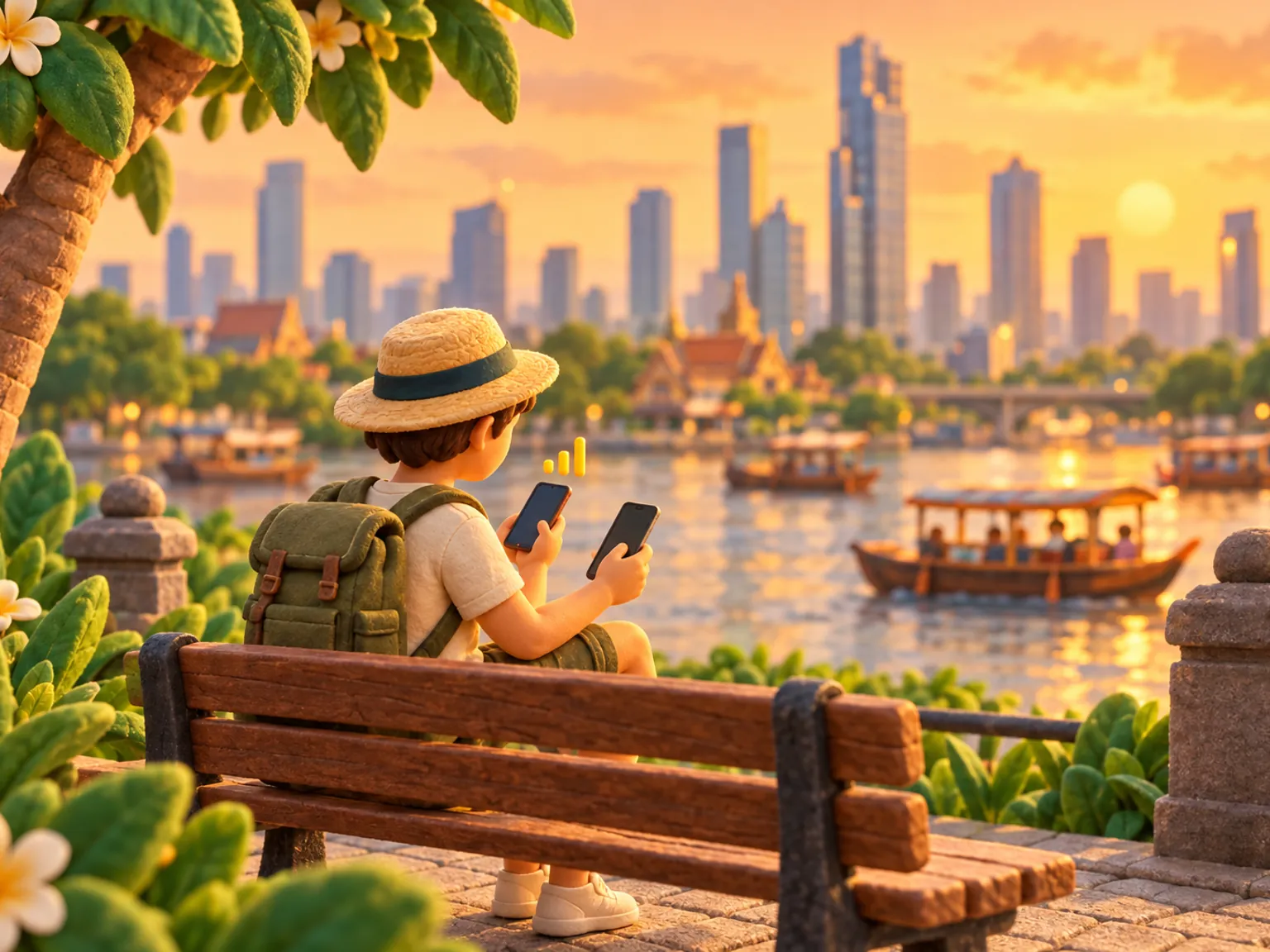 Illustration: a traveller on a bench by a calm city river compares two phones.