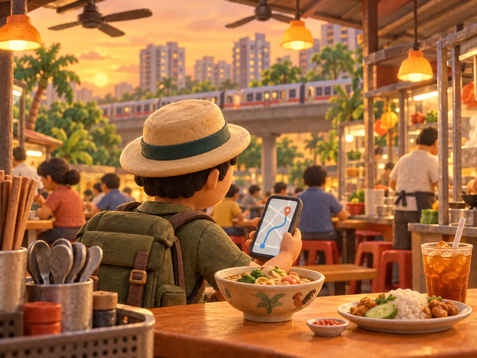 Illustration: a hawker centre table at dusk, an elevated train passing and a phone showing a map.