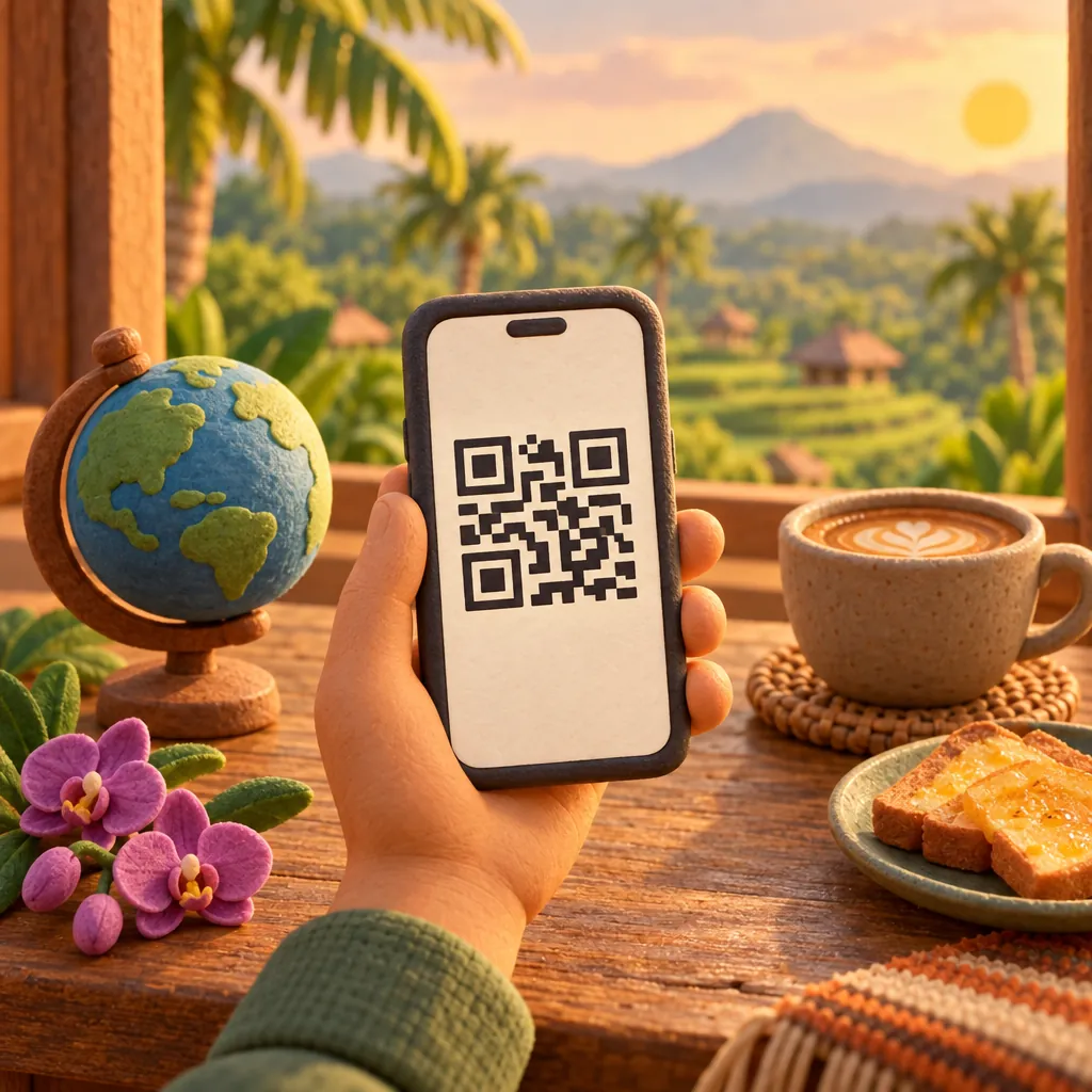 Illustration: a hand holds a phone showing a QR code beside a sprig of orchids and a small globe.