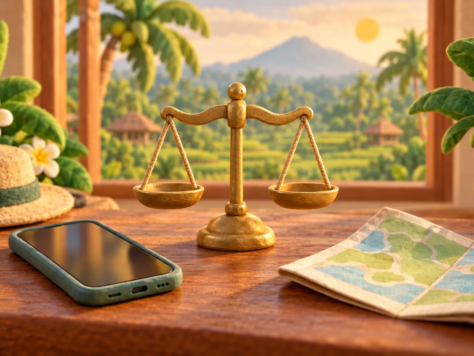 Illustration: a small balance scale on a wooden table beside a phone and a folded map, palm leaves in the window behind.